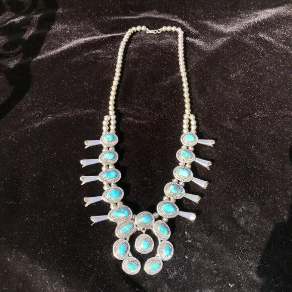 Vintage Sterling Silver Navajo Kingman Turquoise Squash Blossom Necklace Jewelry - Picture 2 of 16